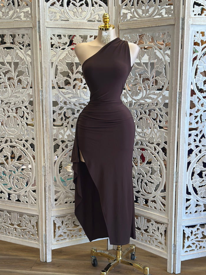 Asymmetrical Espresso Dress-Estira, Stretchy