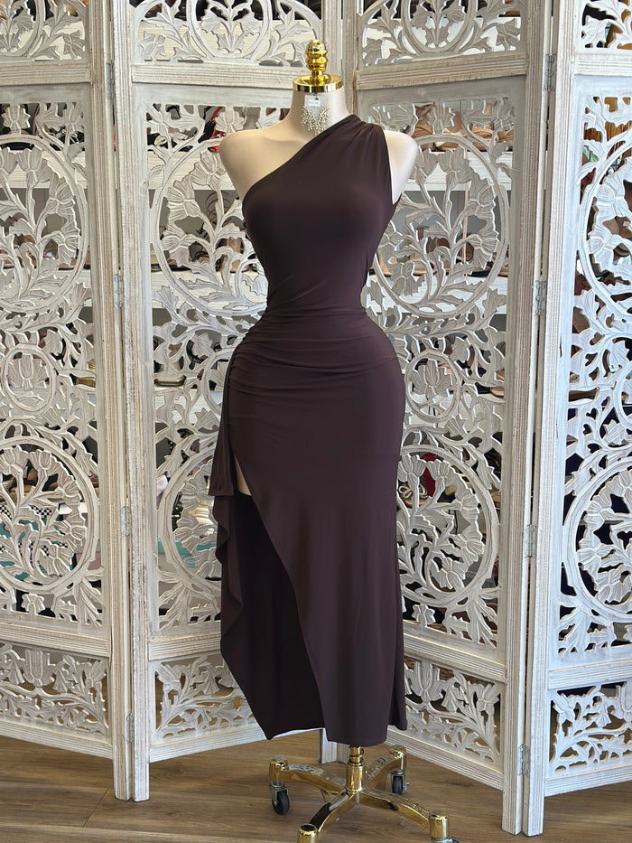 Asymmetrical Espresso Dress-Estira, Stretchy
