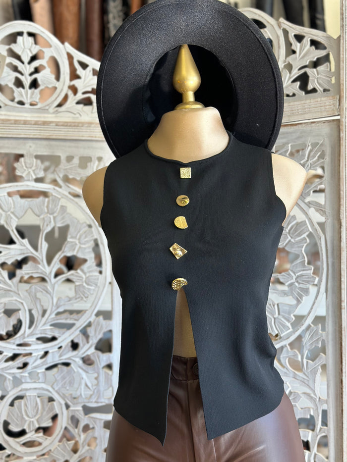 Asymmetrical Gold Button Blouse- Estira, Stretchy