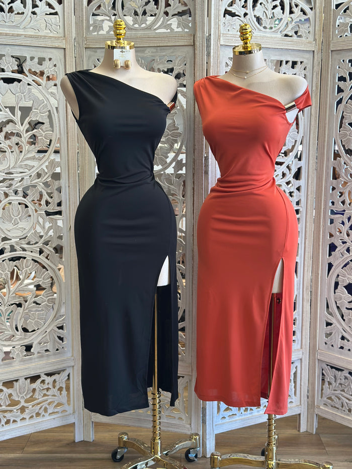 Asymmetrical High Slid Midi Dress- Stretchy