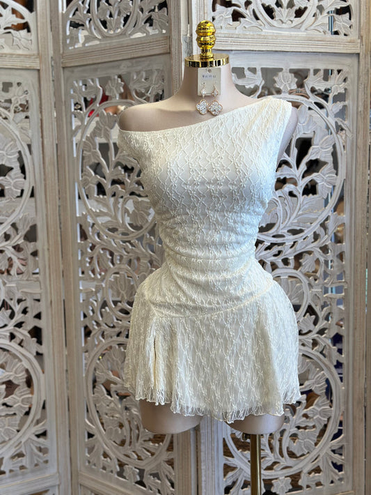 Asymmetrical Ivory Mini Lace Dress- Slightly Stretchy , Estira Poco