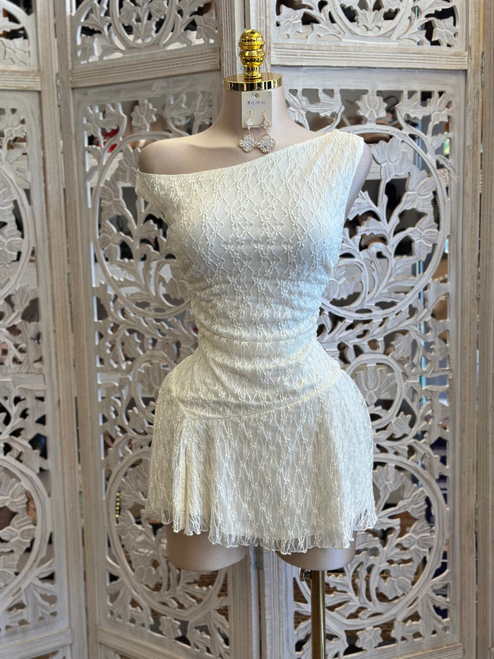 Asymmetrical Ivory Mini Lace Dress- Slightly Stretchy , Estira Poco