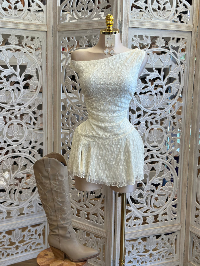 Asymmetrical Ivory Mini Lace Dress- Slightly Stretchy , Estira Poco