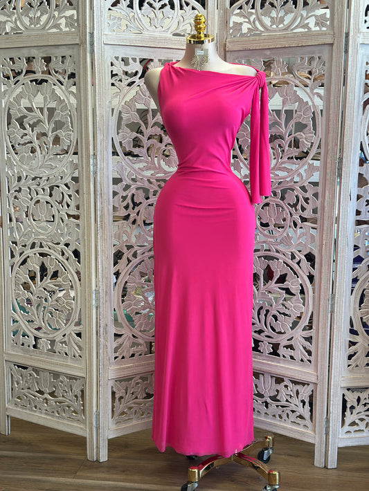 Asymmetrical Sonic Pink Knotted Dress-Estira, Stretchy