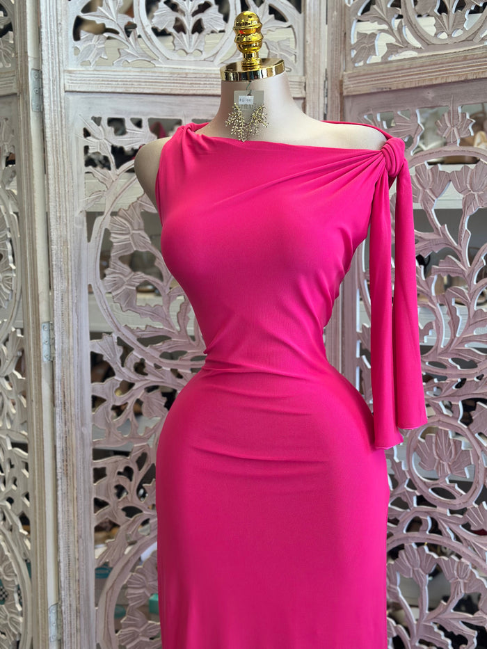 Asymmetrical Sonic Pink Knotted Dress-Estira, Stretchy
