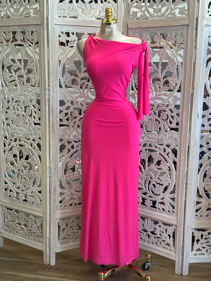 Asymmetrical Sonic Pink Knotted Dress-Estira, Stretchy