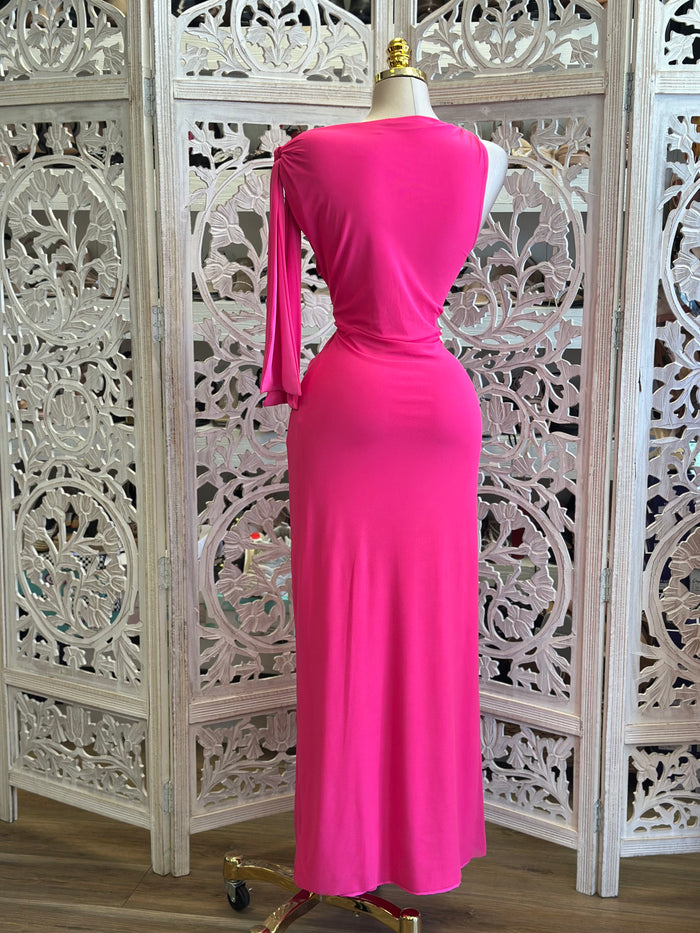Asymmetrical Sonic Pink Knotted Dress-Estira, Stretchy