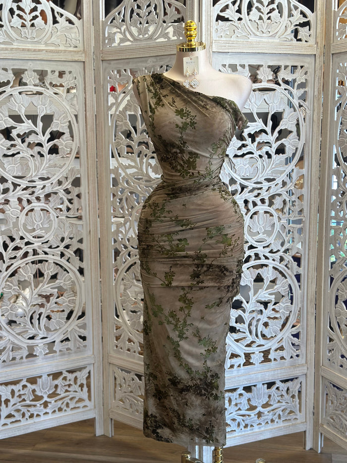 Asymmetrical Taupe Floral Midi Dress- Stretchy , Estira