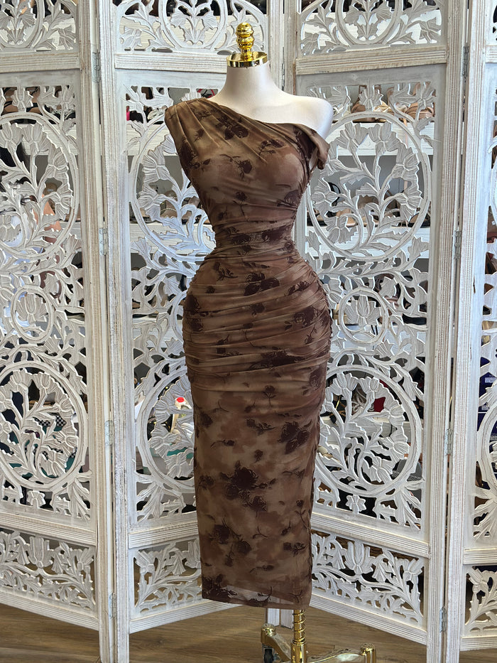Asymmetrical Wrapped Floral Dress-Estira, Stretchy