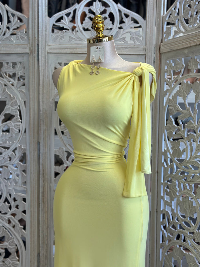 Asymmetrical Yellow Knotted Dress-Estira, Stretchy