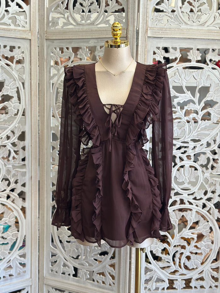 Autumn Ruffle Tie Up Mini Dress- Stretchy,Estira