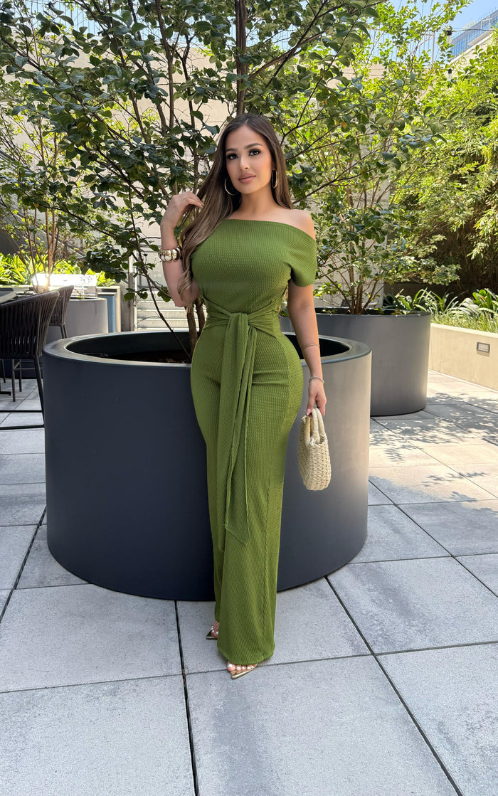 Avocado Green Ribbed Asymmetrical Jumpsuit - Stretchy,Estira