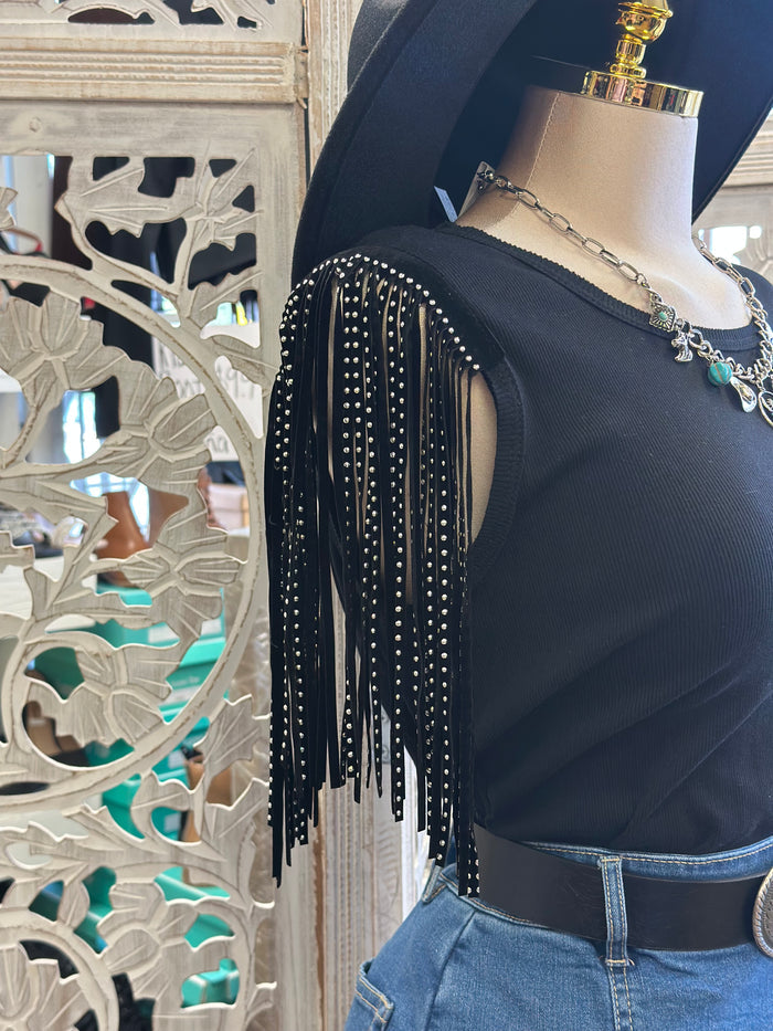 Beaded Fringe Ribbed Blouse- Estira, Stretchy