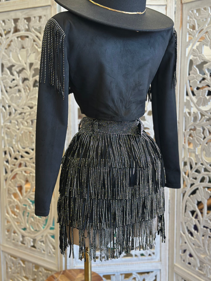 Beaded Fringe Ruffle Mini Skirt-No Estira, Not Stretchy
