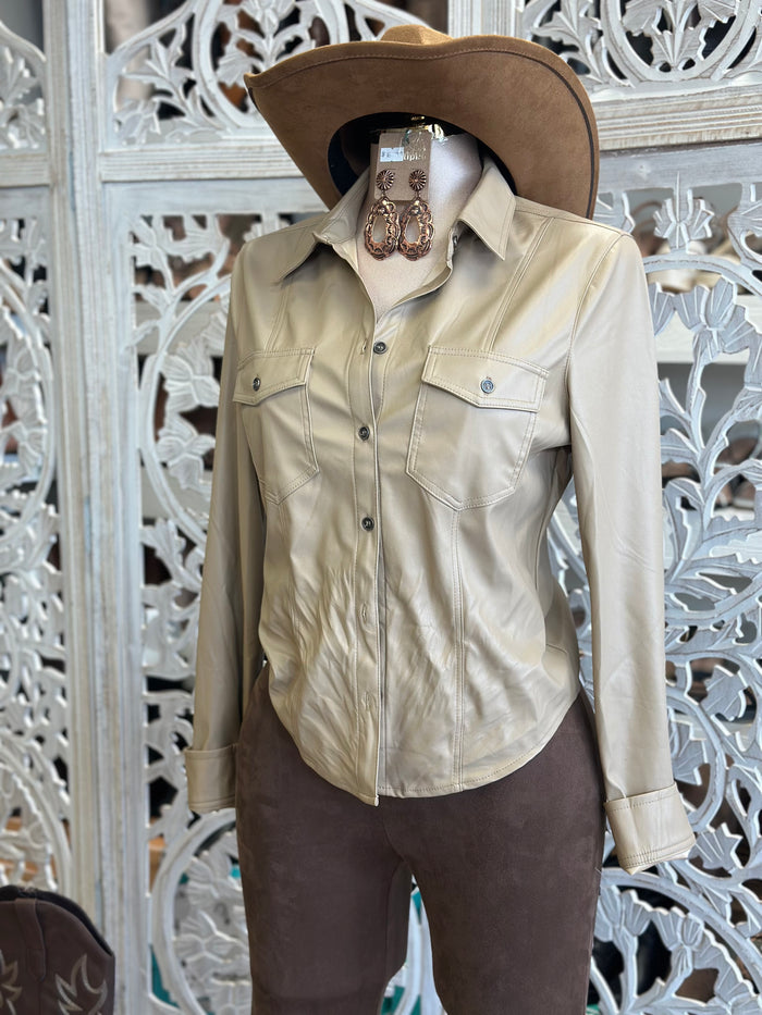 Beige Faux Leather Button Up Blouse- Estira, Stretchy