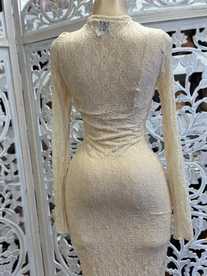 Beige Lace Maxi Dress Stretchy