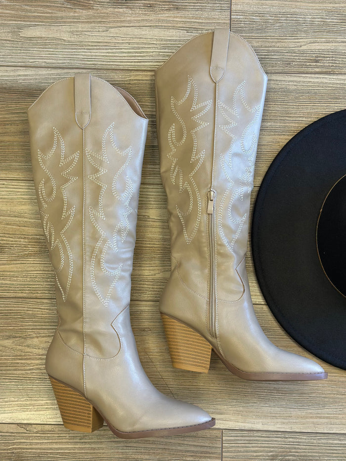 Beige Long Heeled Cowboy Boots