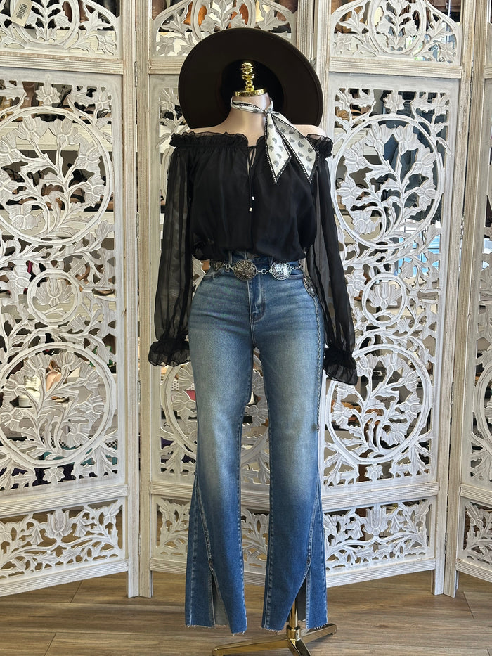 Bell Sleeve Black Off Shoulder Blouse