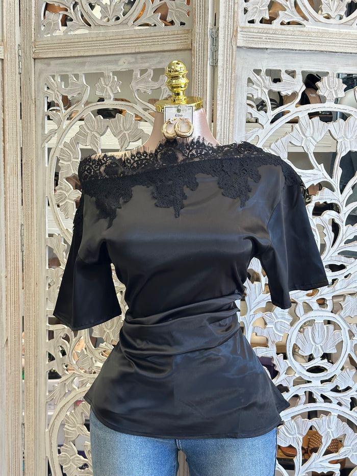 Black Boatneck Lace Blouse