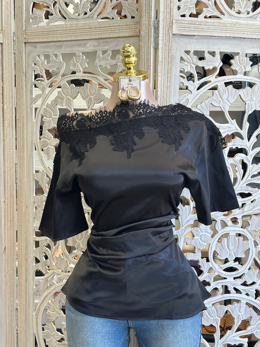 Black Boatneck Lace Blouse