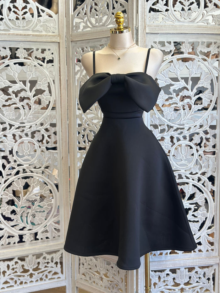 Black Bow Fit and Flare Dress-Estira, Stretchy