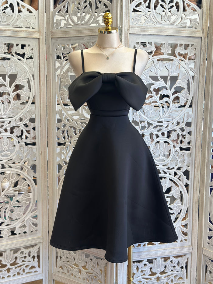 Black Bow Fit and Flare Dress-Estira, Stretchy