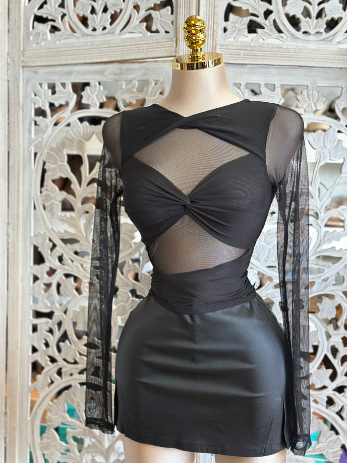 Black Bow Mesh Long Sleeve Blouse- Estira, Stretchy
