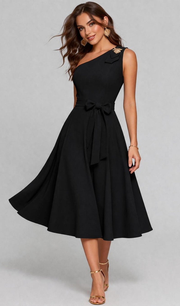 Black Brass Detail Flare  Dress - Estira, Stretchy