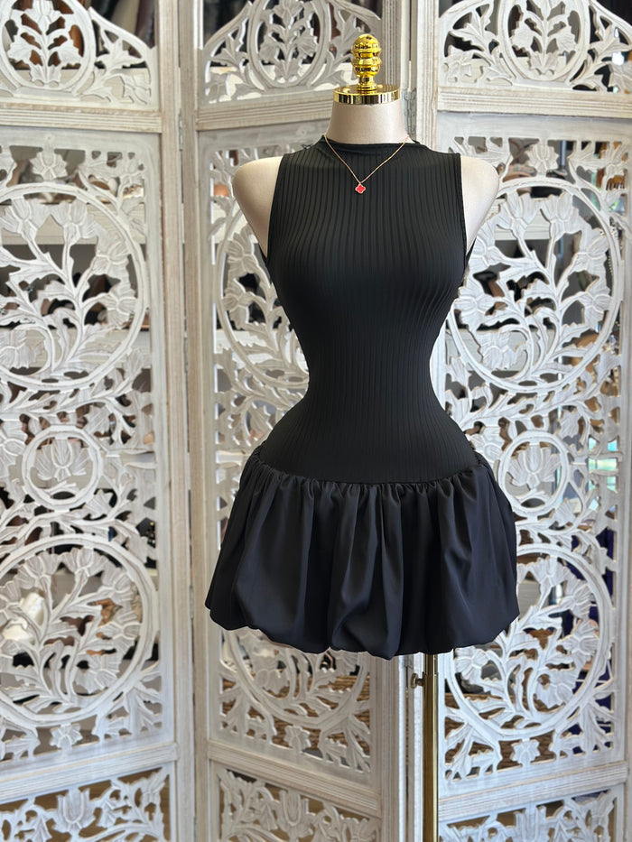 Black Bubble Mini Dress- Stretchy , Estira