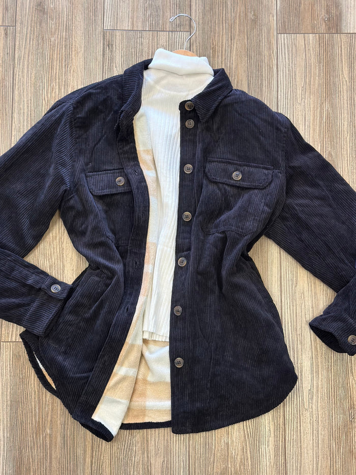 Black Corduroy Reversible Flannel Jacket- Stretchy, Estira