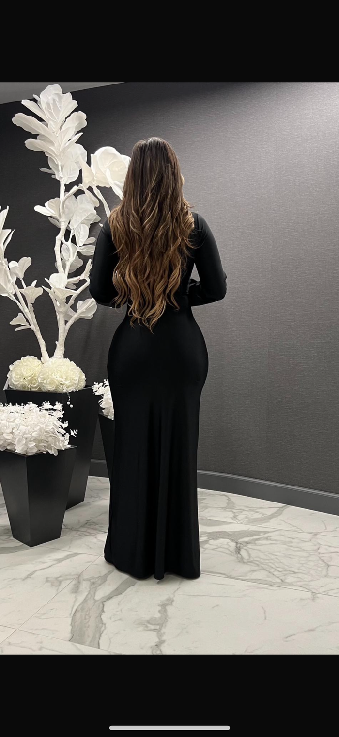 Black Deep V Split Ruched Maxi Dress- Stretchy, Estira