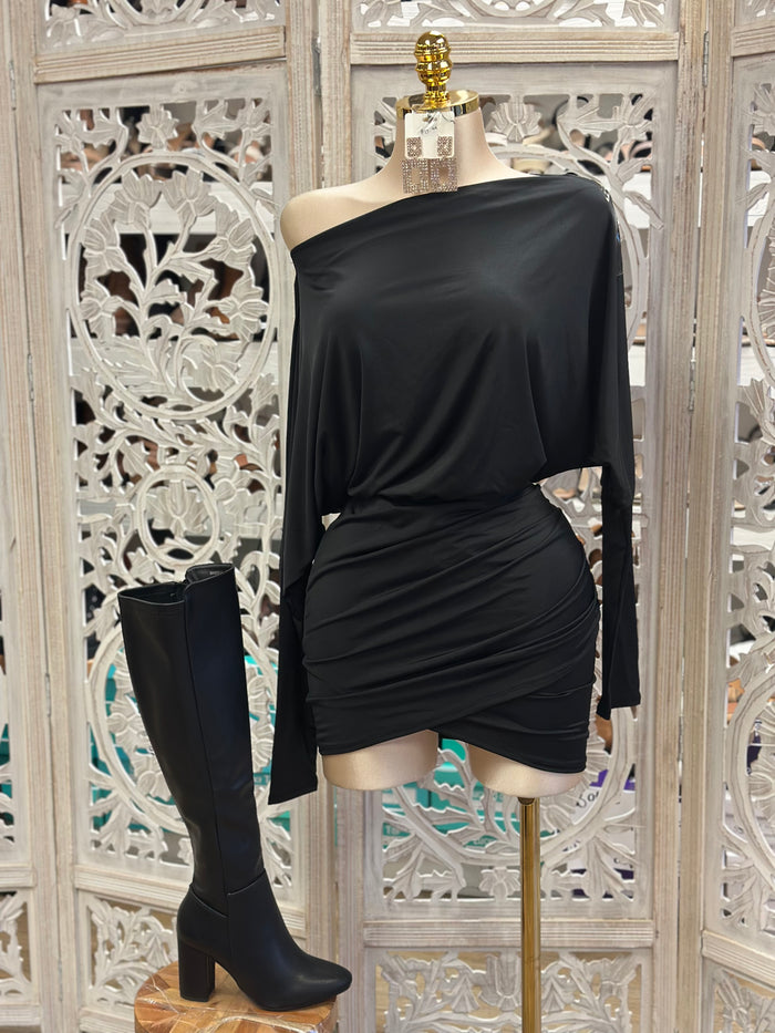 Black Draped Mini Dress- Stretchy,Estira