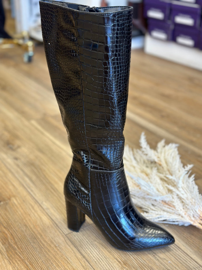 Black Faux Leather Mid Length Crocodile Pattern Boots