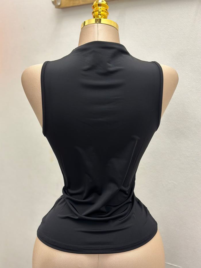 Black Flower Detail Ruched Top- Estira, Stretchy