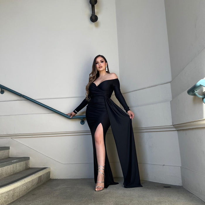 Black Formal High Slit Ruched Dress- Stretchy,Estira