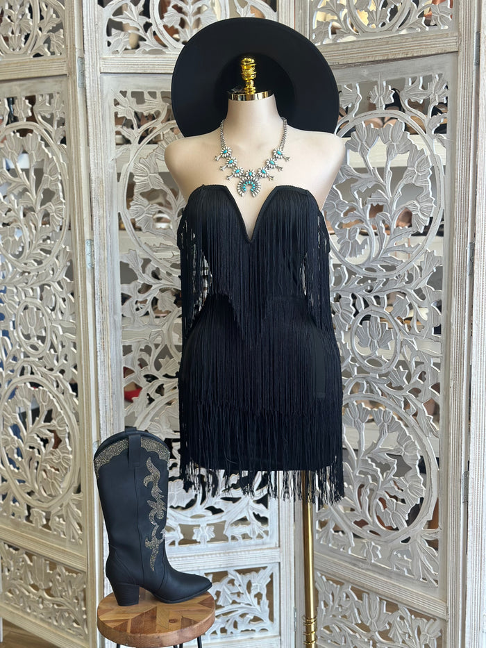 Black Fringe Dress- Stretchy, Estira