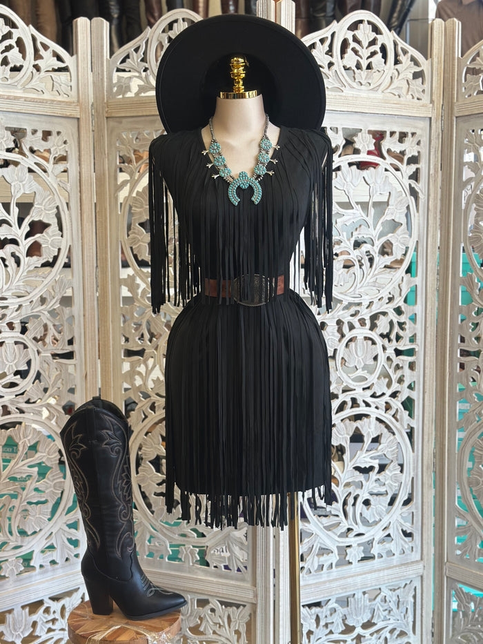 Black Fringe Mini Dress - Estira, Stretchy