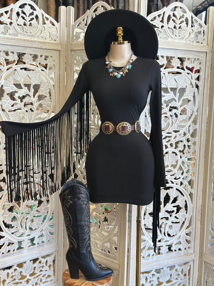 Black Fringe Sleeve Mini Dress -Estira, Stretchy