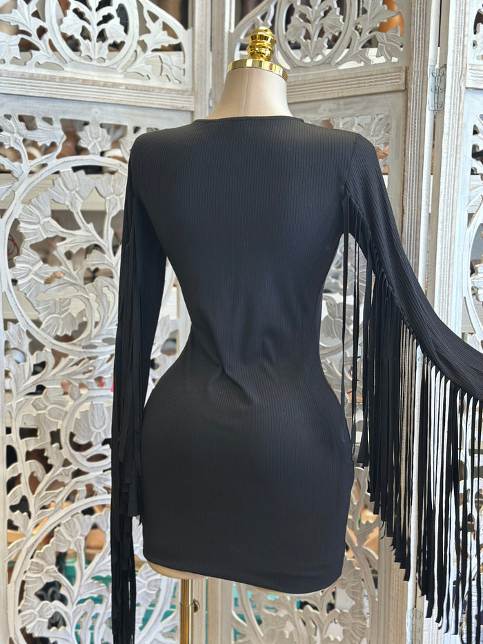 Black Fringe Sleeve Mini Dress -Estira, Stretchy