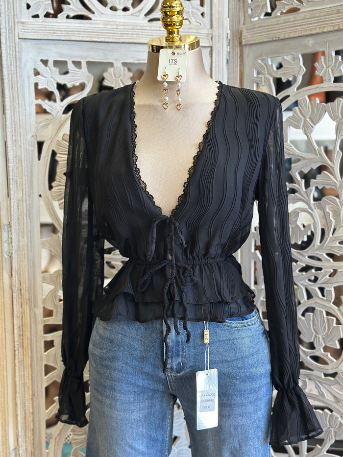 Black Lace Lined Blouse Top- Estira, Stretchy