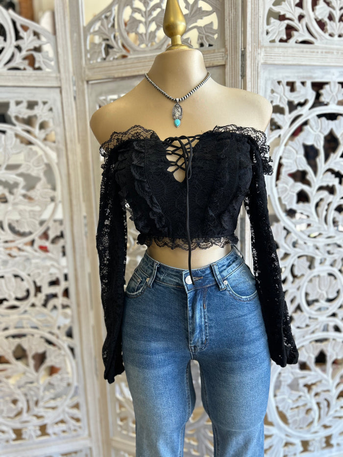 Black Lace Tie Up Off Shoulder Crop