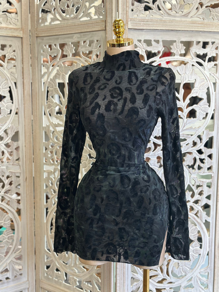 Black Leopard Velvet Mini Dress- Stretchy,Estira