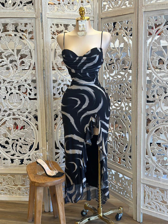 Black Marble Ruffle Dress-Estira, Stretchy