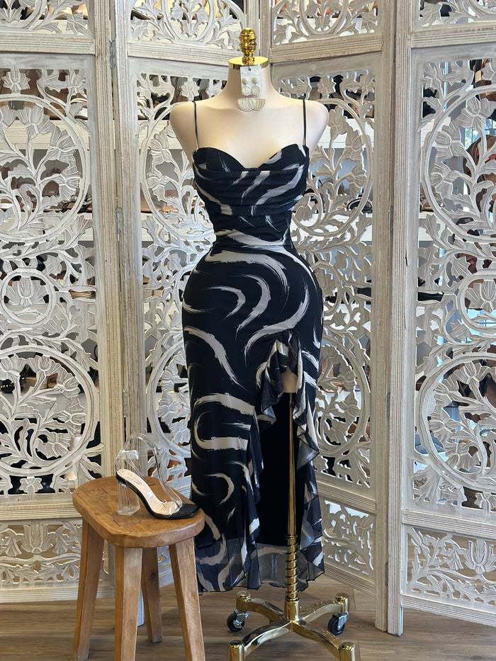 Black Marble Ruffle Dress-Estira, Stretchy