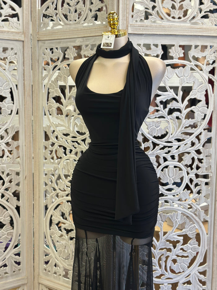 Black Mesh Scarfed Gown -Stretchy,Estira