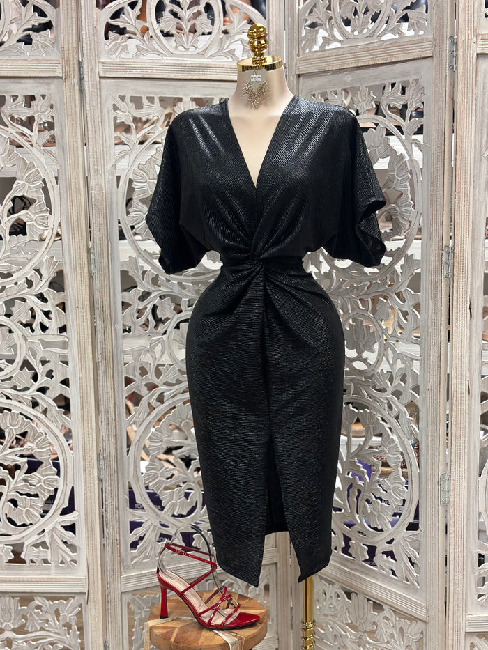 Black Metallic Knit Knotted Midi Dress- Stretchy,Estira