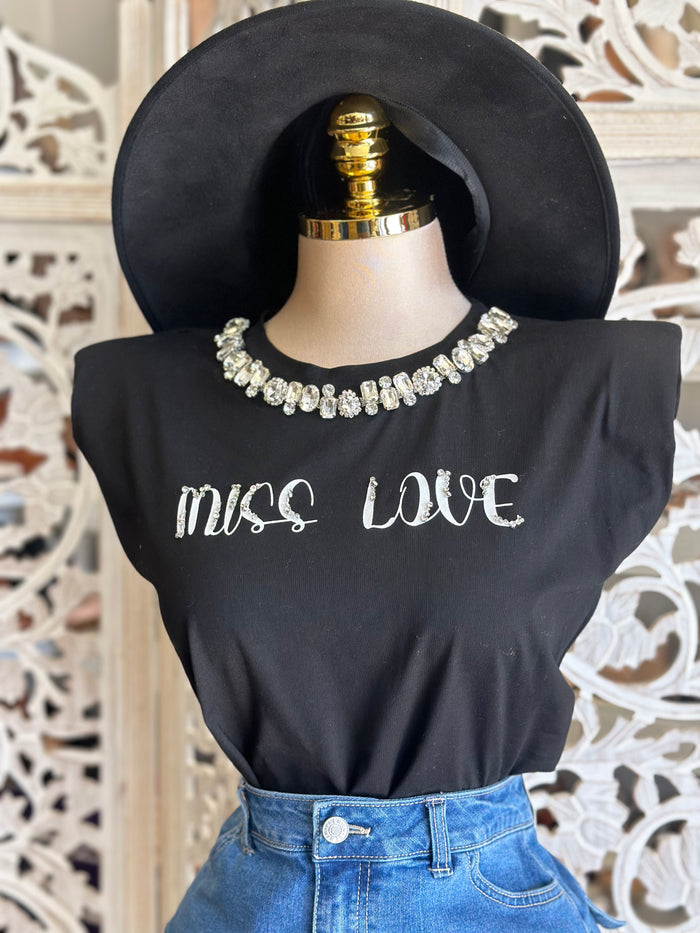 Black Miss Love Rhinestone Graphic Tee- Stretchy,Estira