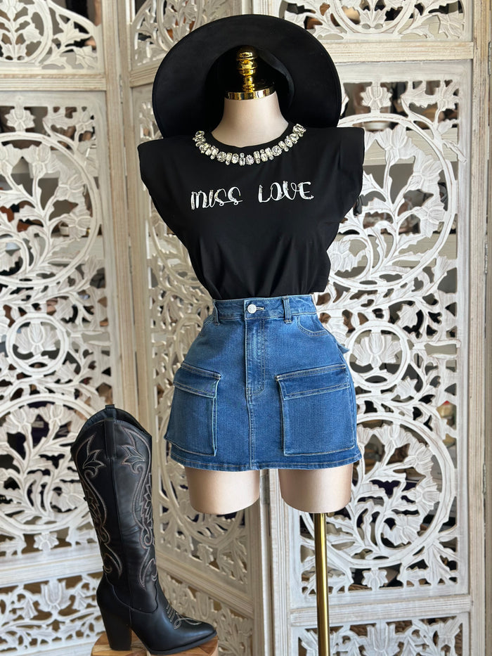 Black Miss Love Rhinestone Graphic Tee- Stretchy,Estira