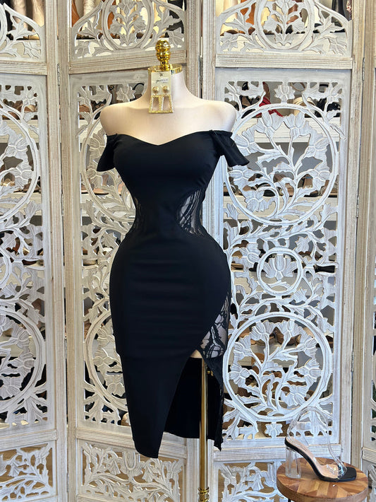 Black Off Shoulder Lace Cutout Dress - Estira, Stretchy