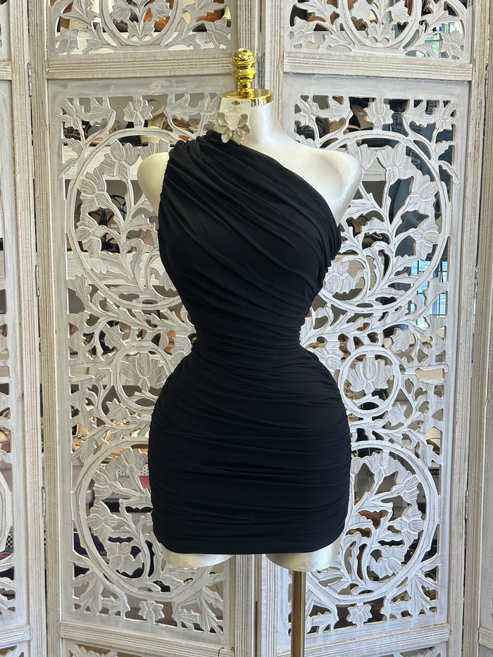 Black One Sleeve Ultra Mini  Dress- Stretchy, Estira